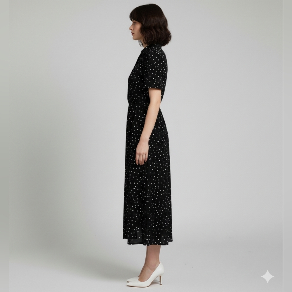 Women's Black Sheer Collared Polka Dot Short Sleeve Midi Dress Size XS EUC 🐈 - Picture 8 of 14